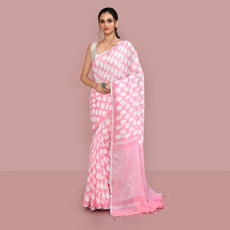 Paisely printed linen cotton saree zari border with blouse piece