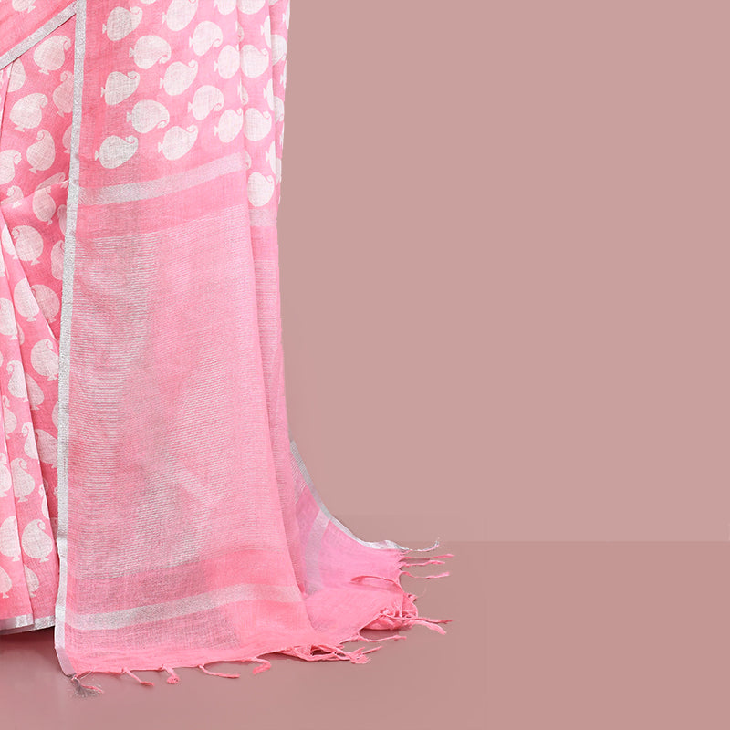 Paisely printed linen cotton saree zari border with blouse piece