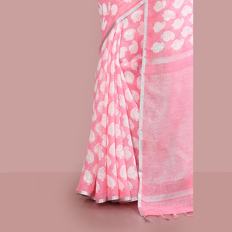 Paisely printed linen cotton saree zari border with blouse piece