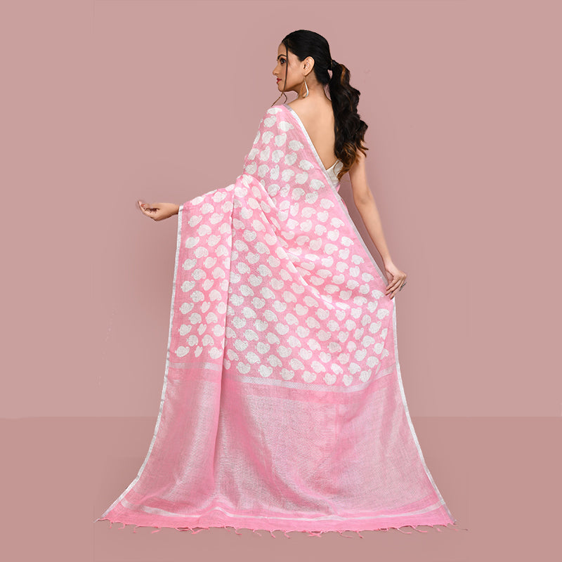 Paisely printed linen cotton saree zari border with blouse piece