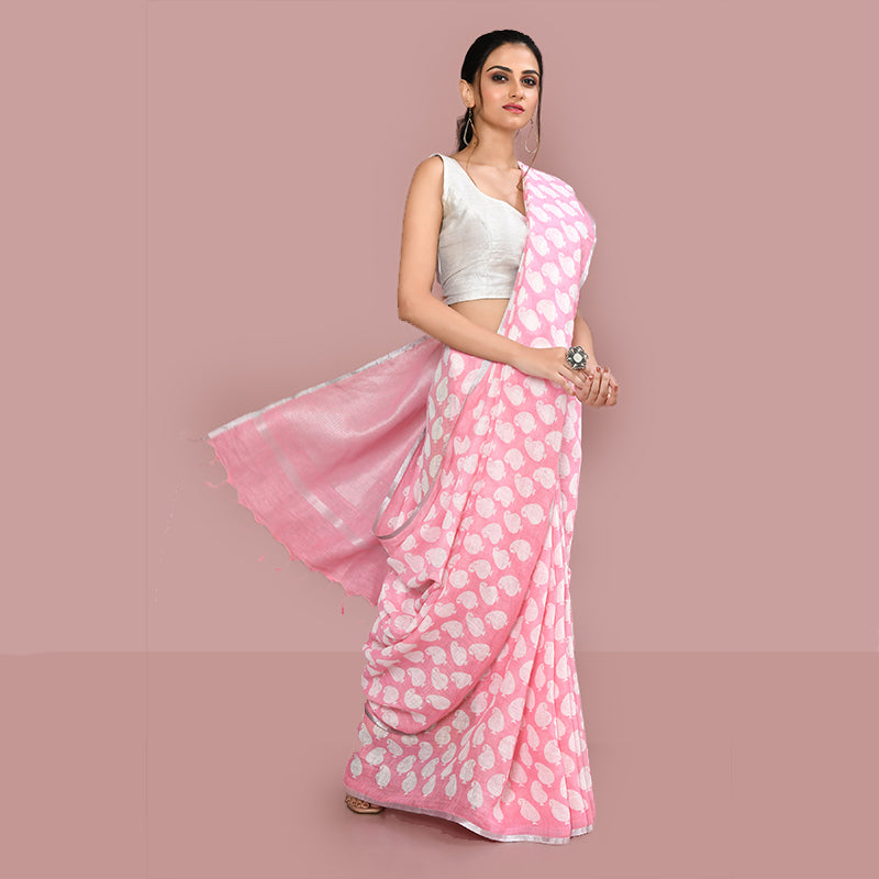 Paisely printed linen cotton saree zari border with blouse piece