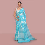 Printed linen cotton saree zari border with blouse piece