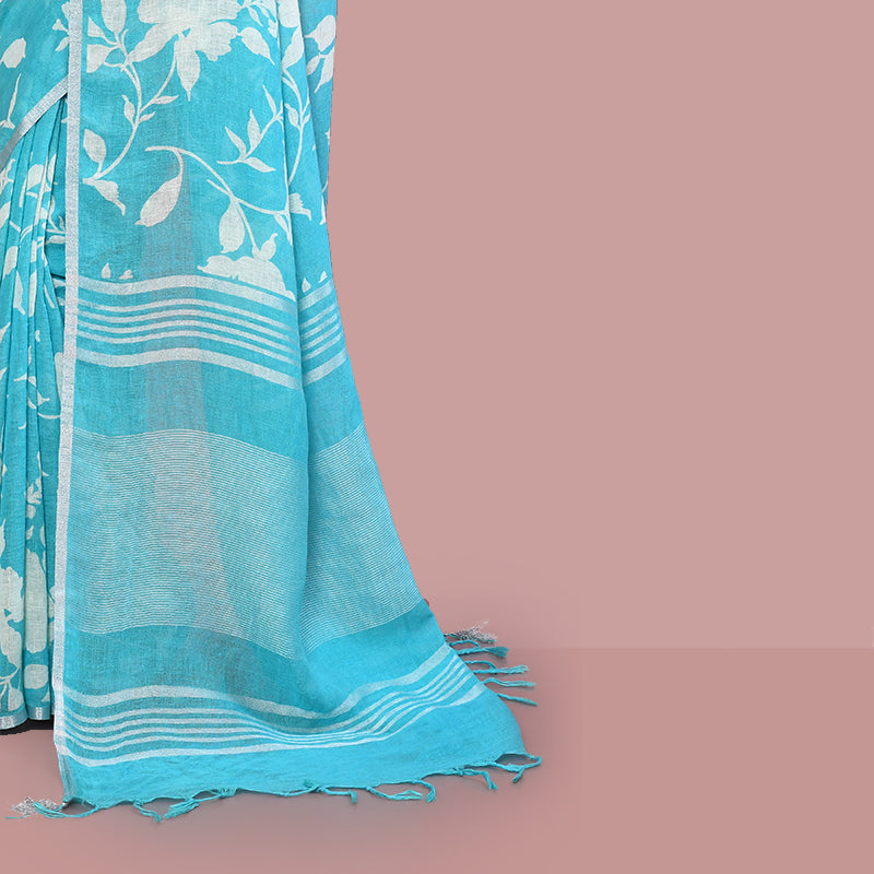 Printed linen cotton saree zari border with blouse piece