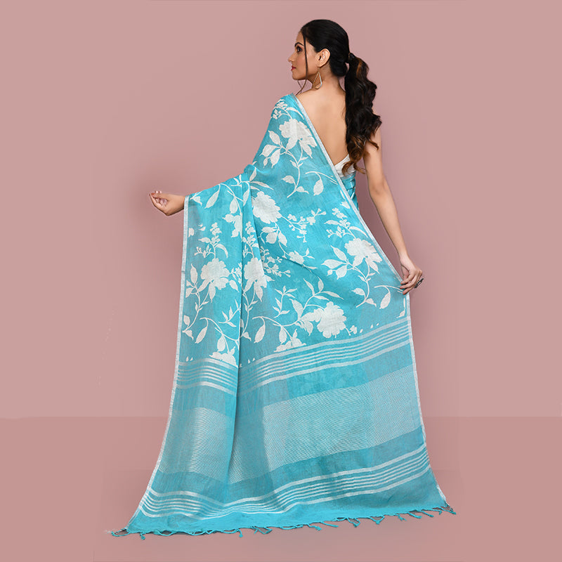 Printed linen cotton saree zari border with blouse piece