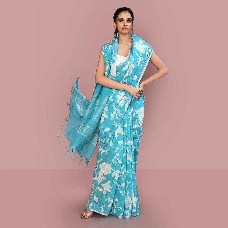 Printed linen cotton saree zari border with blouse piece