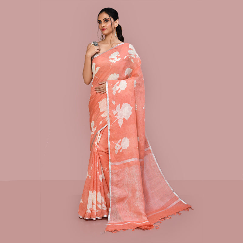 Printed linen cotton saree zari border with blouse piece