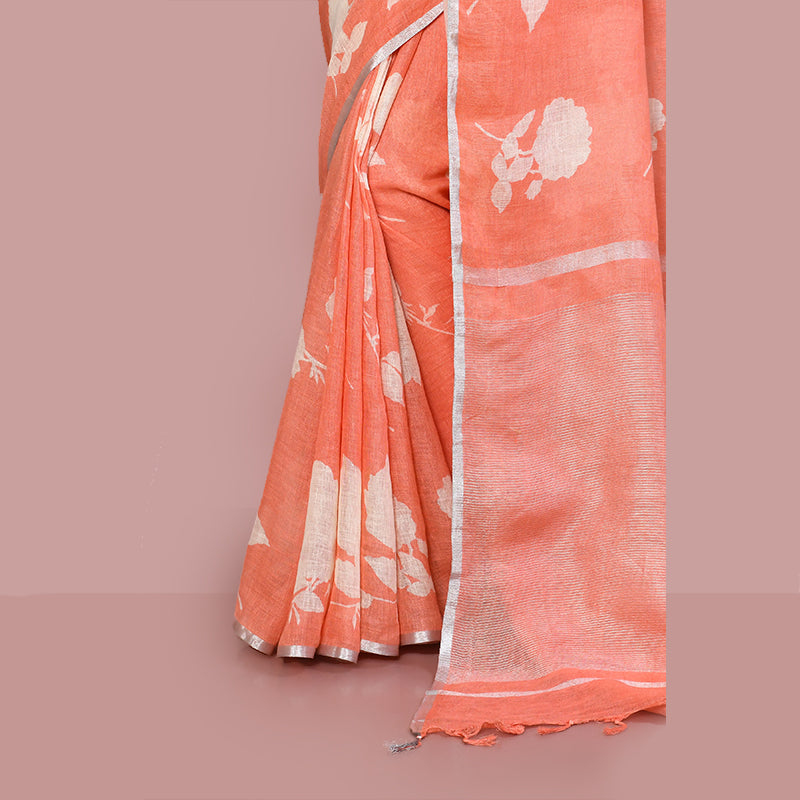 Printed linen cotton saree zari border with blouse piece