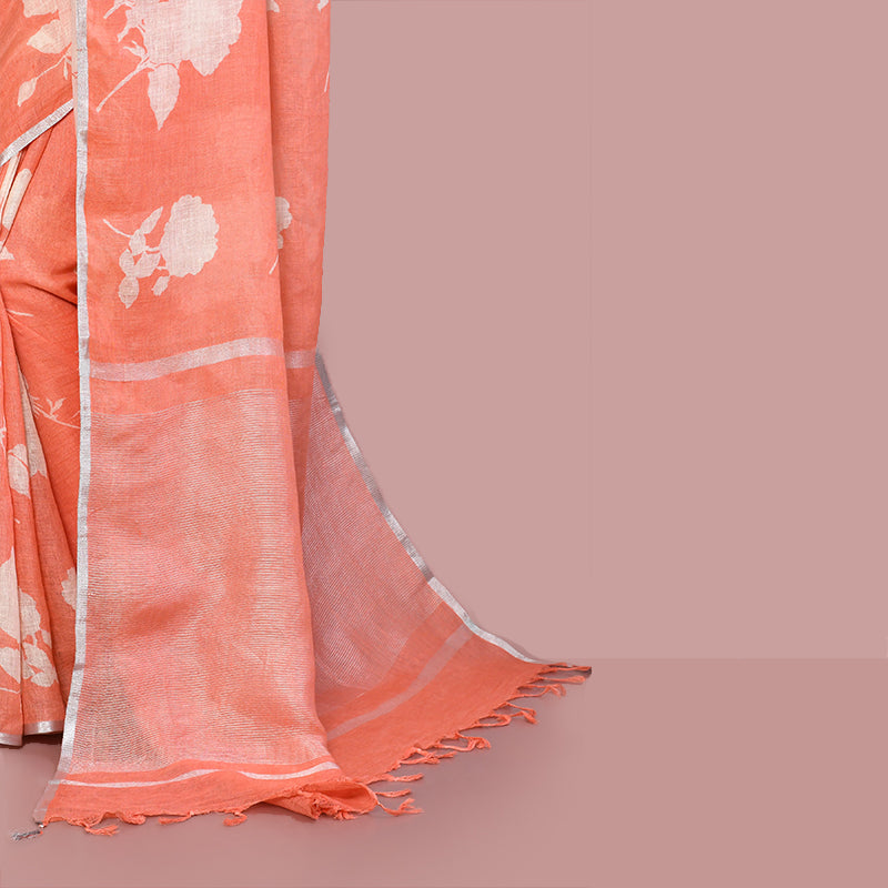 Printed linen cotton saree zari border with blouse piece