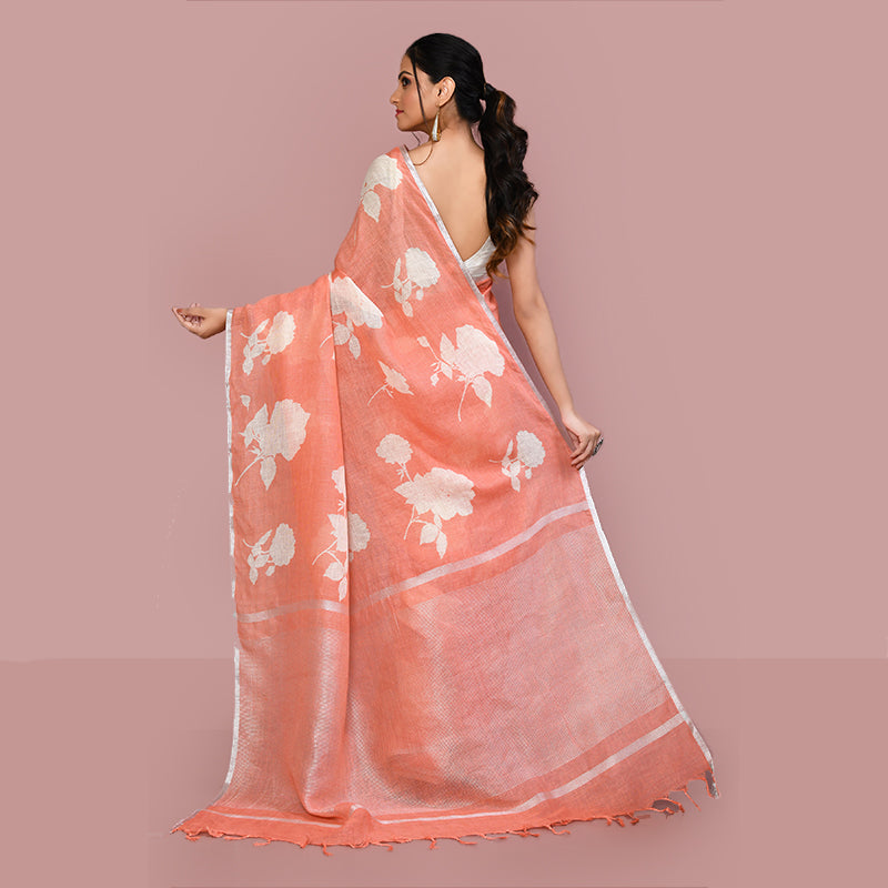 Printed linen cotton saree zari border with blouse piece