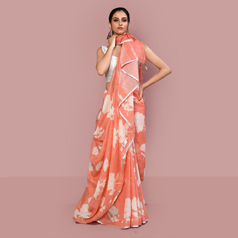 Printed linen cotton saree zari border with blouse piece