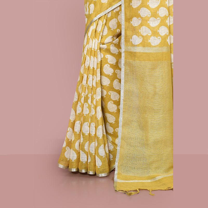 Paisely printed linen cotton saree zari border with blouse piece