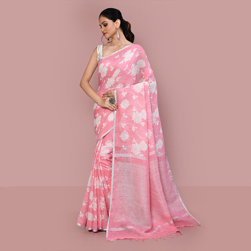 Floral printed linen cotton saree zari border with blouse piece
