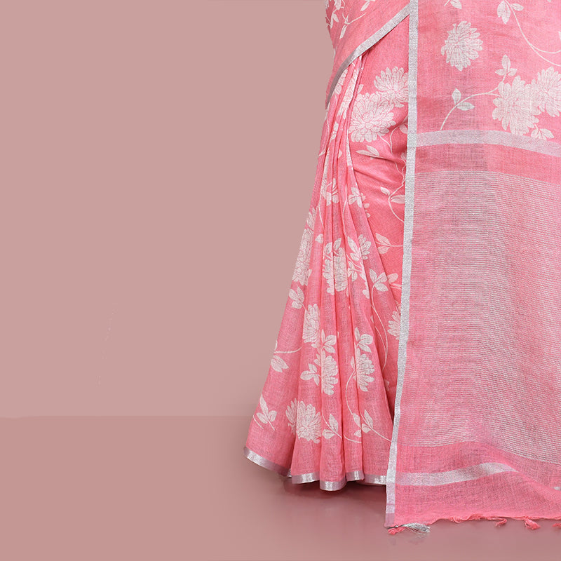 Floral printed linen cotton saree zari border with blouse piece
