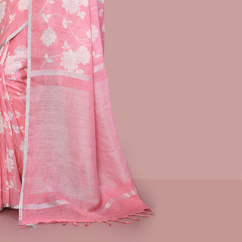 Floral printed linen cotton saree zari border with blouse piece