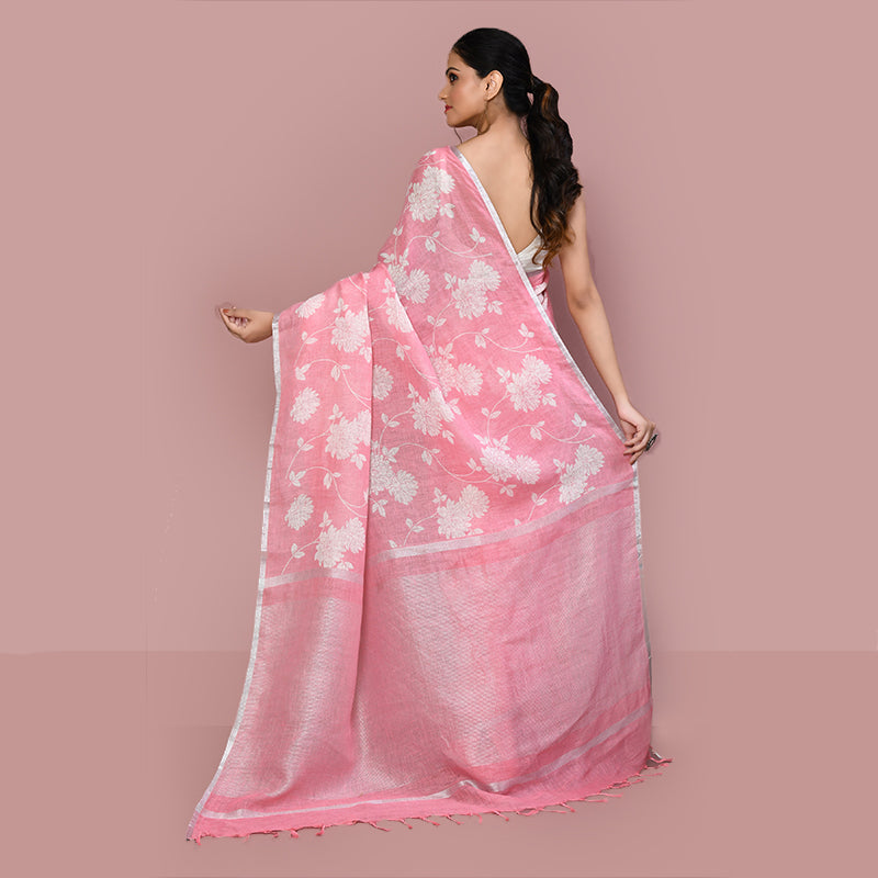 Floral printed linen cotton saree zari border with blouse piece