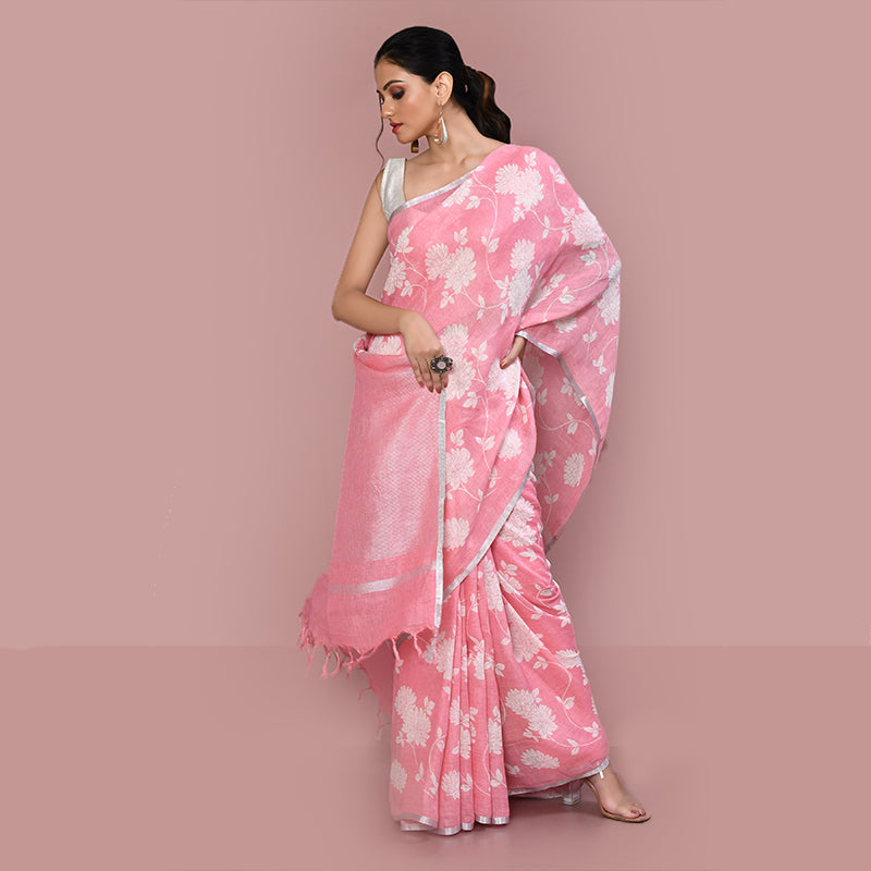 Floral printed linen cotton saree zari border with blouse piece