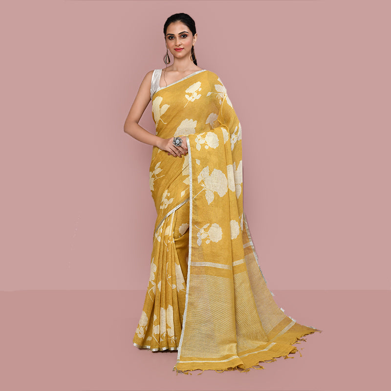 Printed linen cotton saree zari border with blouse piece