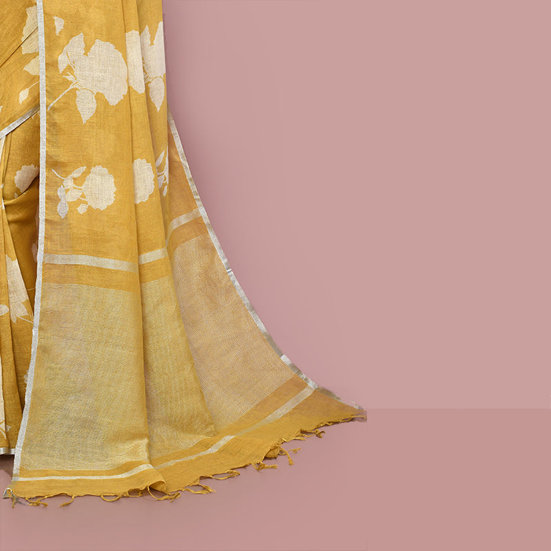 Printed linen cotton saree zari border with blouse piece