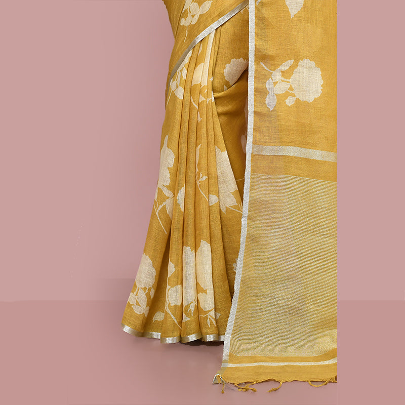 Printed linen cotton saree zari border with blouse piece