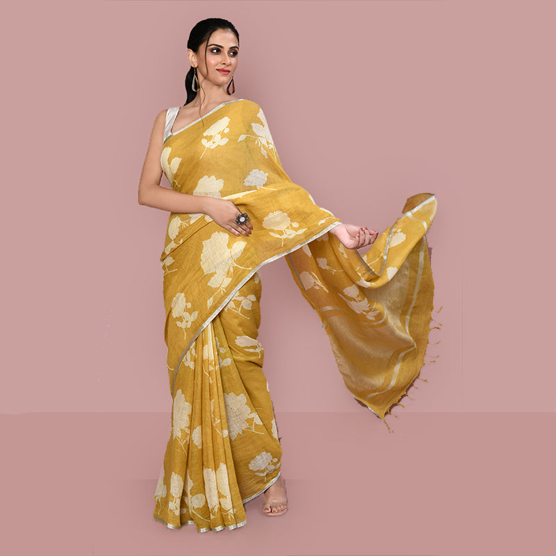 Printed linen cotton saree zari border with blouse piece