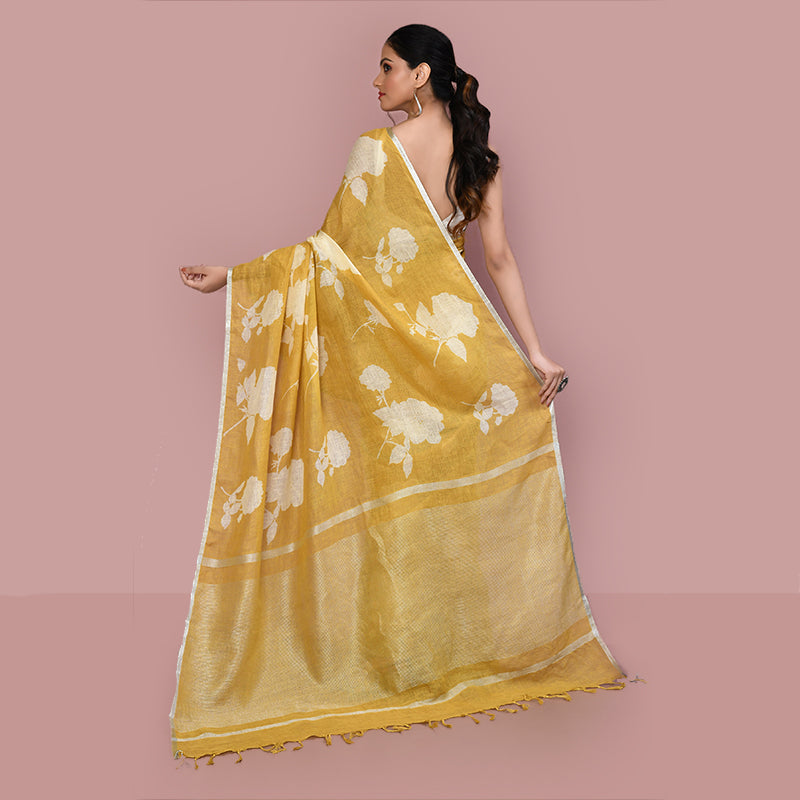 Printed linen cotton saree zari border with blouse piece