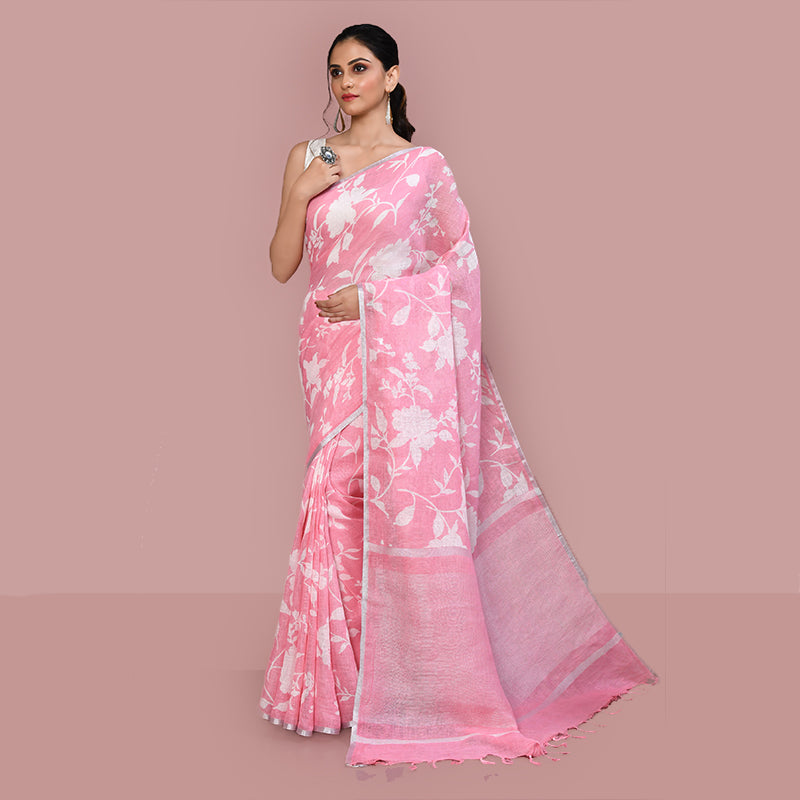 Printed linen cotton saree zari border with blouse piece