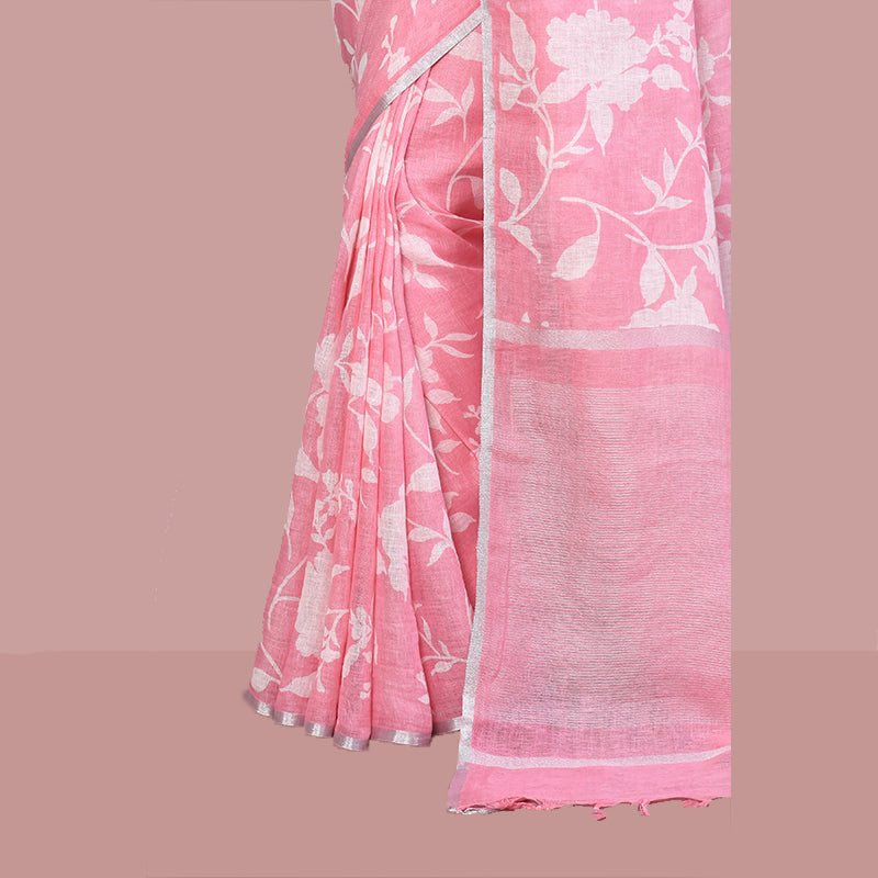 Printed linen cotton saree zari border with blouse piece