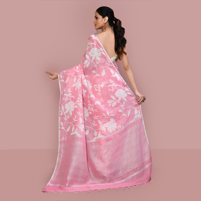 Printed linen cotton saree zari border with blouse piece