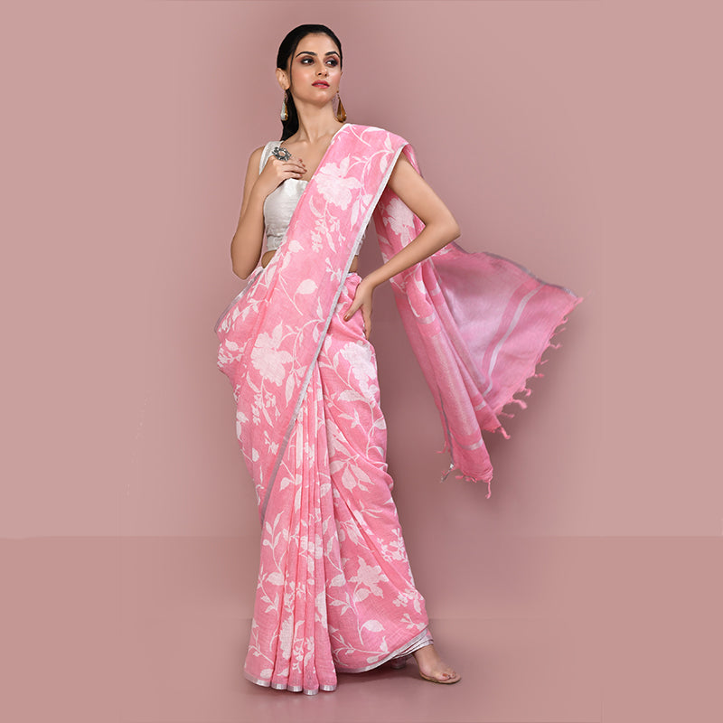 Printed linen cotton saree zari border with blouse piece