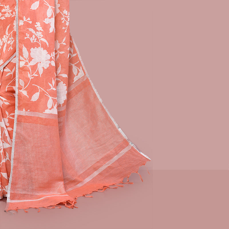 Printed linen cotton saree zari border with blouse piece