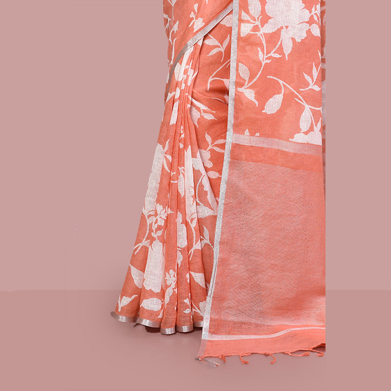 Printed linen cotton saree zari border with blouse piece