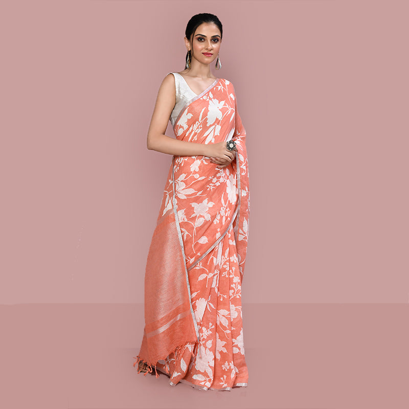 Printed linen cotton saree zari border with blouse piece