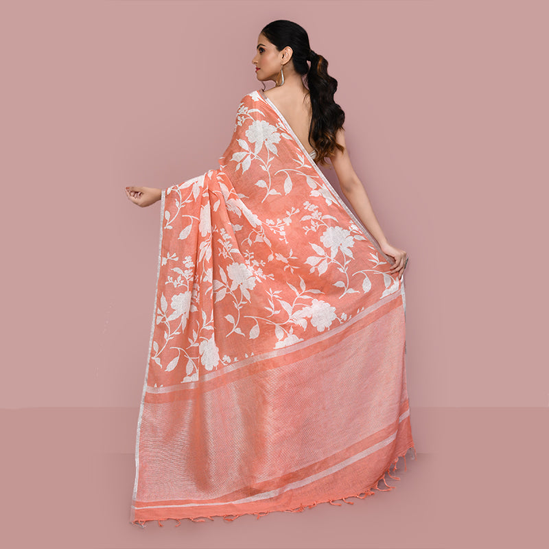 Printed linen cotton saree zari border with blouse piece