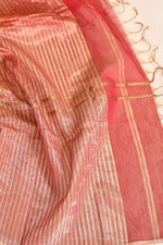 Maheshwari pure handloom saree with golden stripes pallu and thin golden zari border