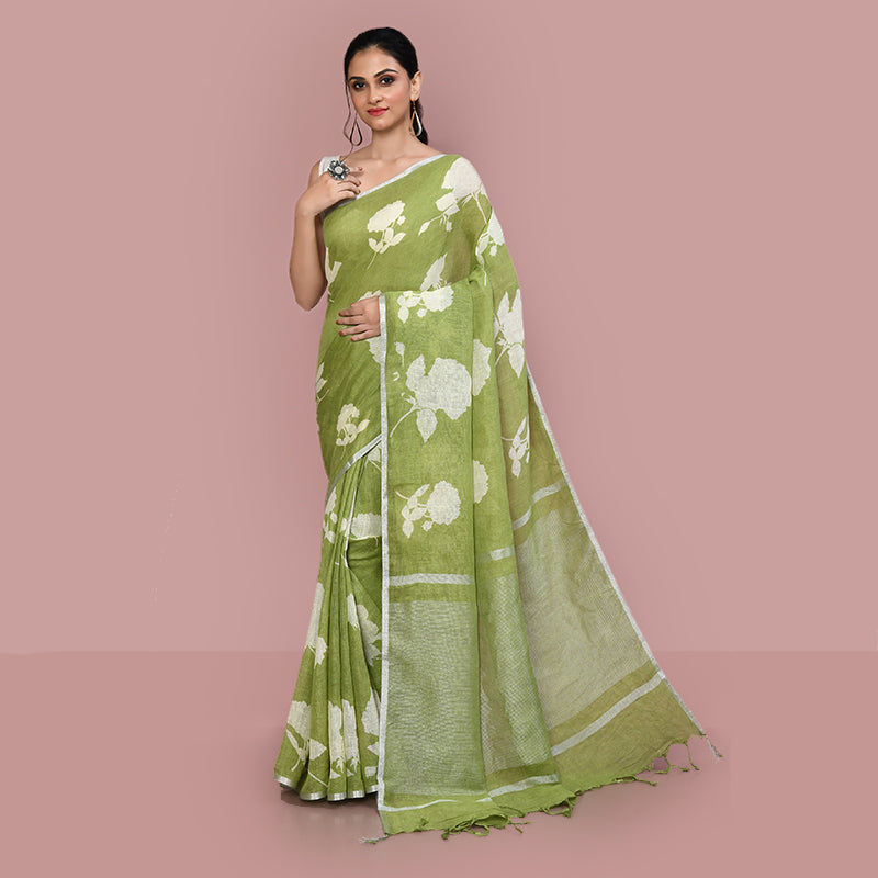 Printed linen cotton saree zari border with blouse piece