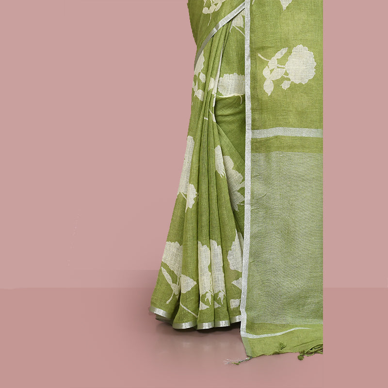 Printed linen cotton saree zari border with blouse piece