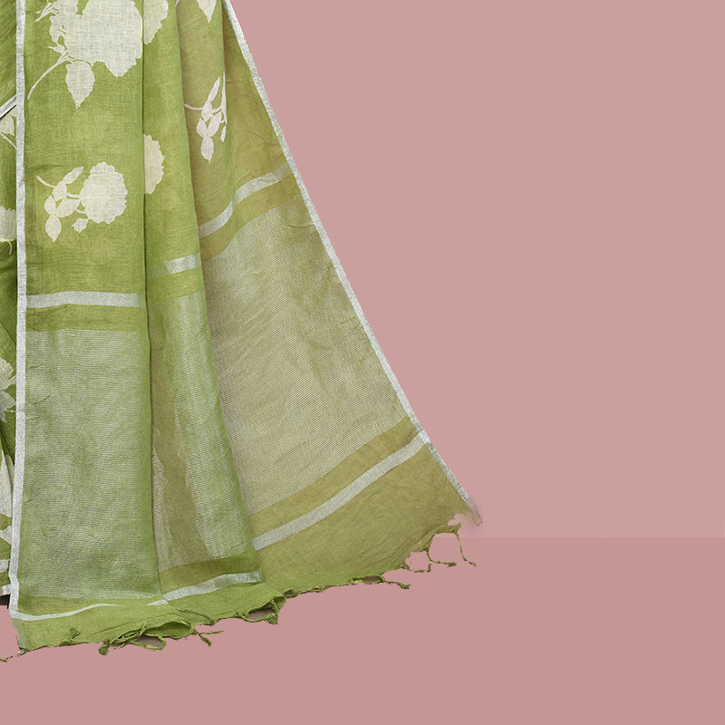 Printed linen cotton saree zari border with blouse piece