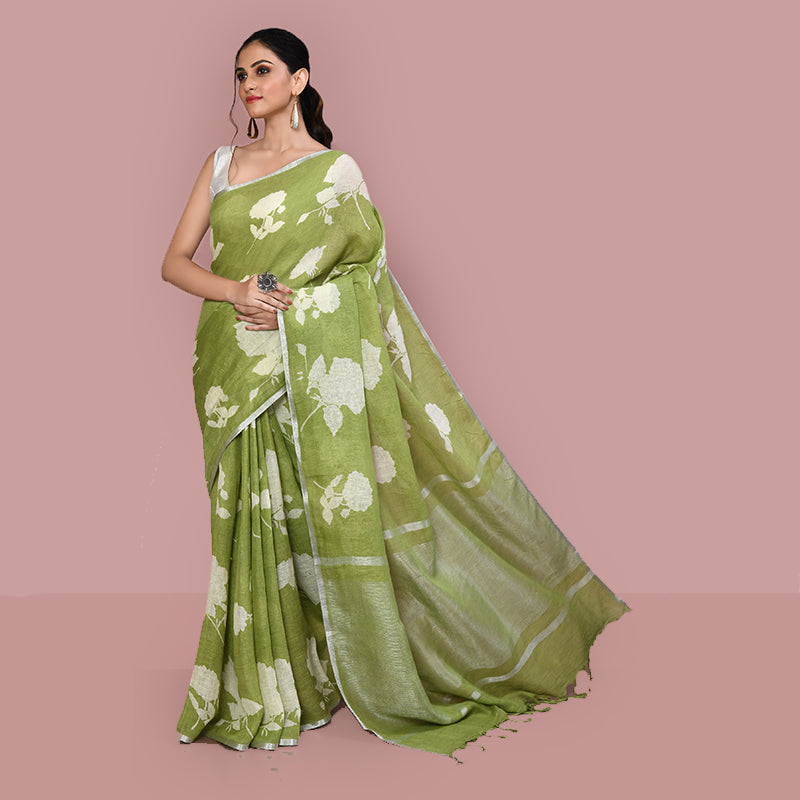 Printed linen cotton saree zari border with blouse piece