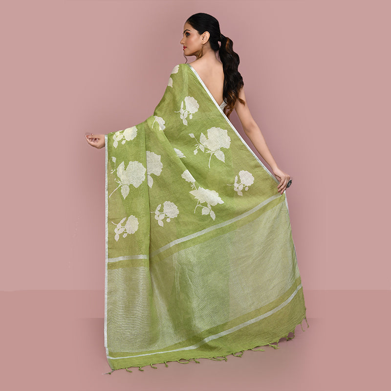 Printed linen cotton saree zari border with blouse piece