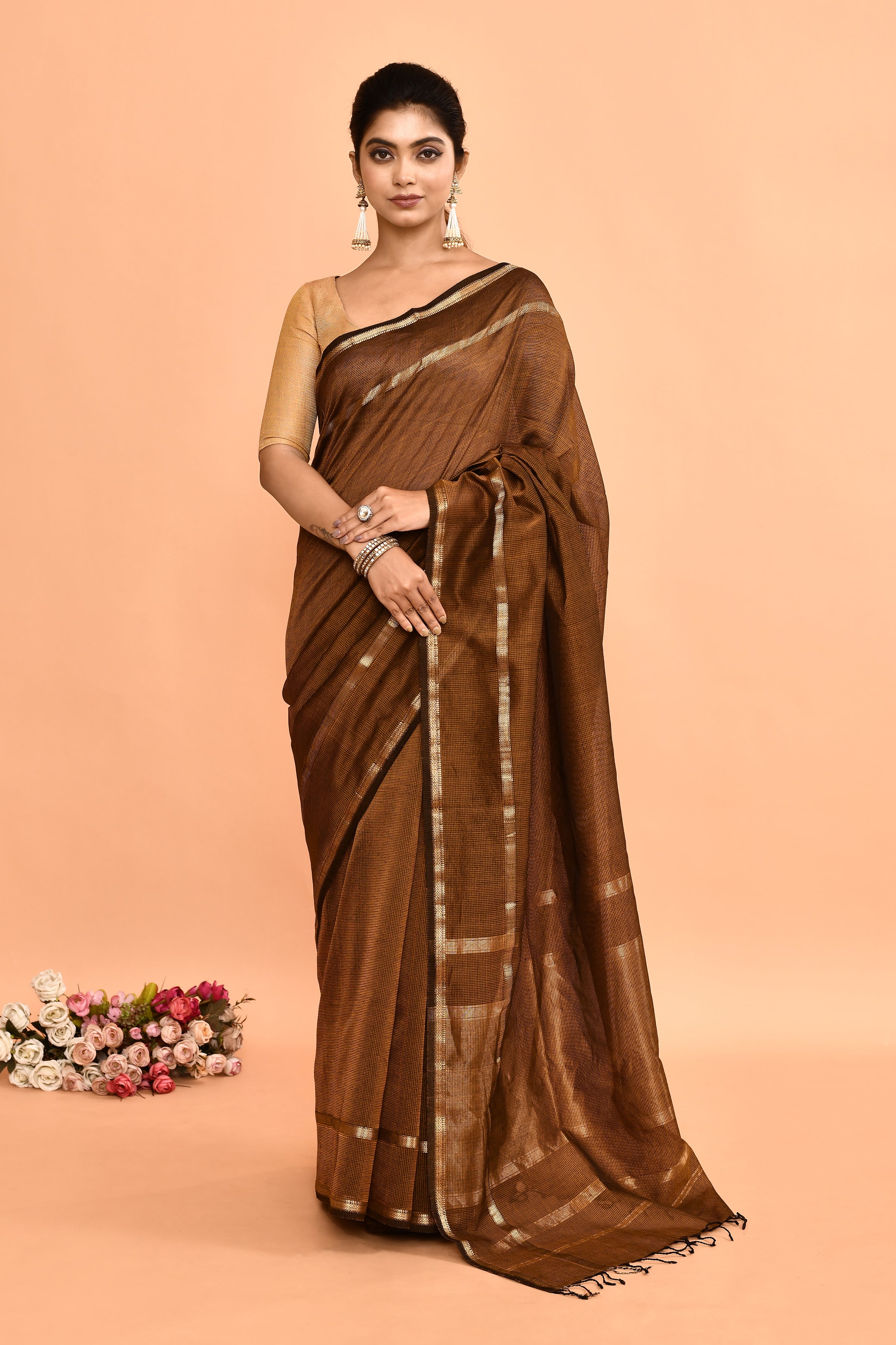 Plain Maheshwari pure handloom double border small checks saree