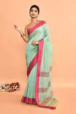 Plain Maheshwari pure handloom saree with contrast dark pink resham border
