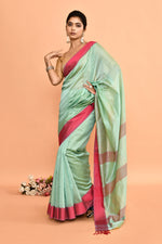 Plain Maheshwari pure handloom saree with contrast dark pink resham border