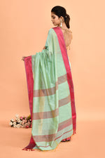 Plain Maheshwari pure handloom saree with contrast dark pink resham border