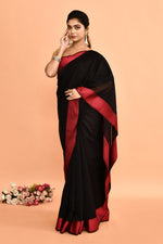 Plain Maheshwari pure handloom saree with contrast dark pink resham border