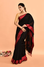 Plain Maheshwari pure handloom saree with contrast dark pink resham border