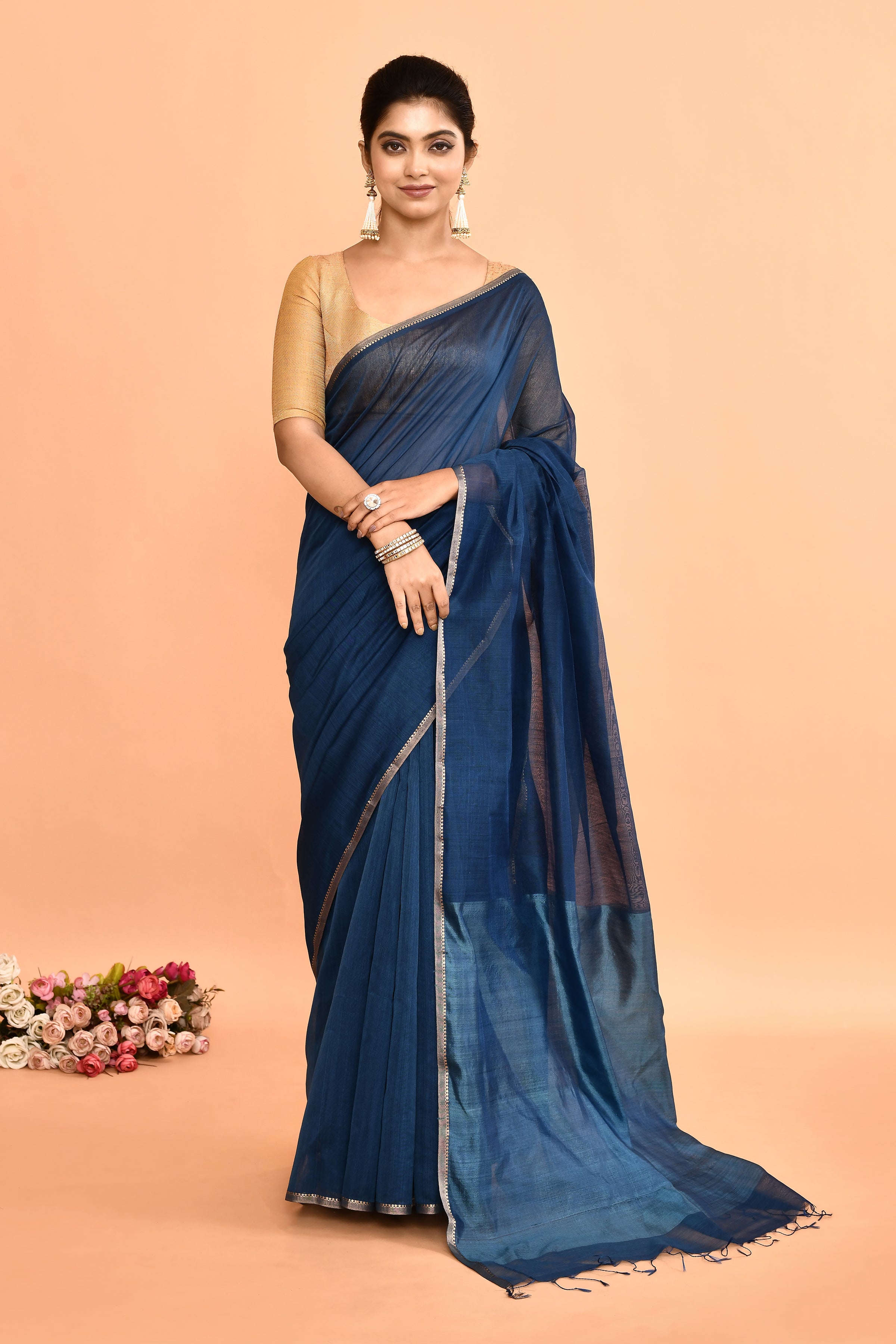 Maheshwari pure handloom plain solid color saree with resham pallu