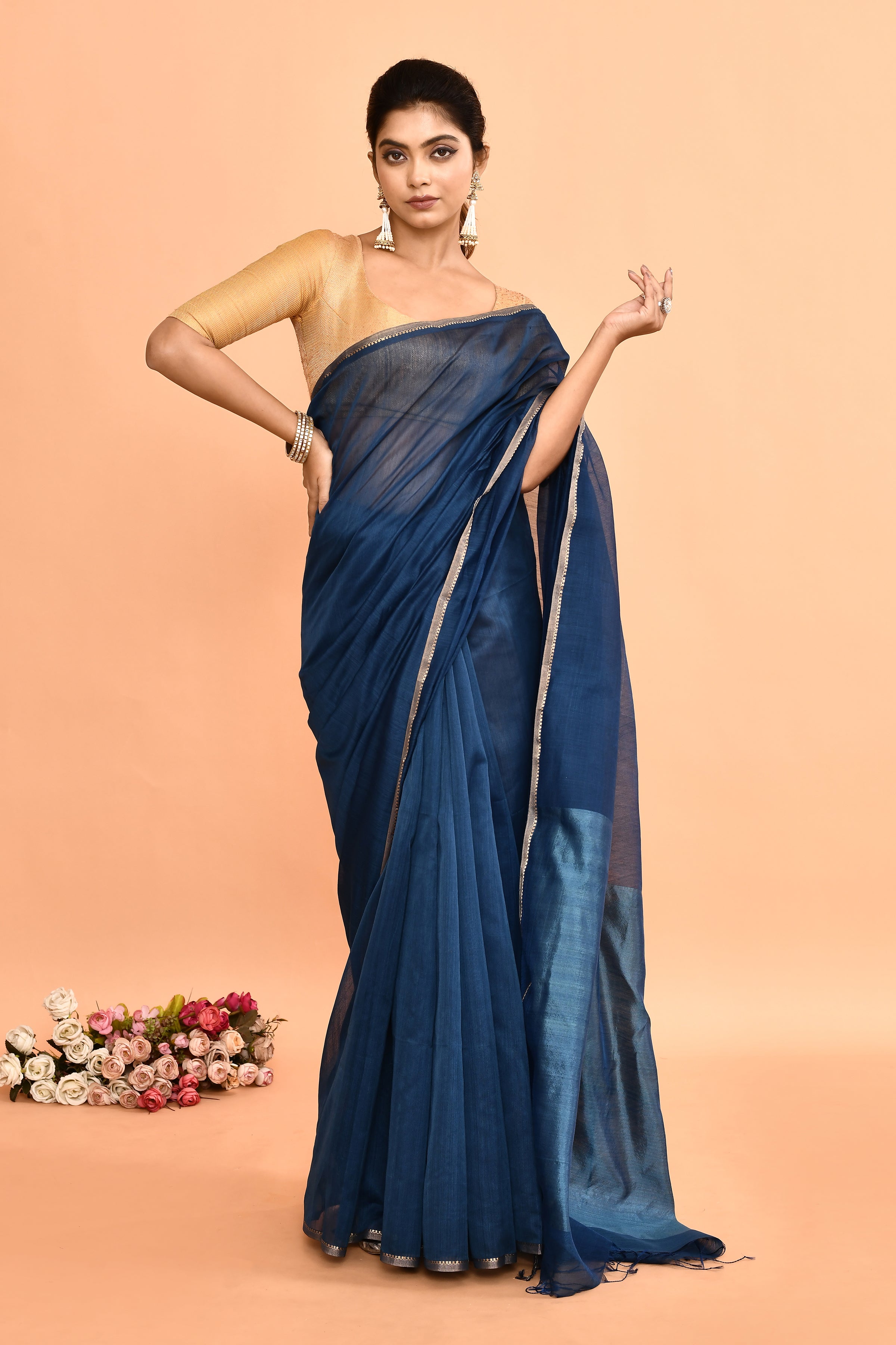 Maheshwari pure handloom plain solid color saree with resham pallu