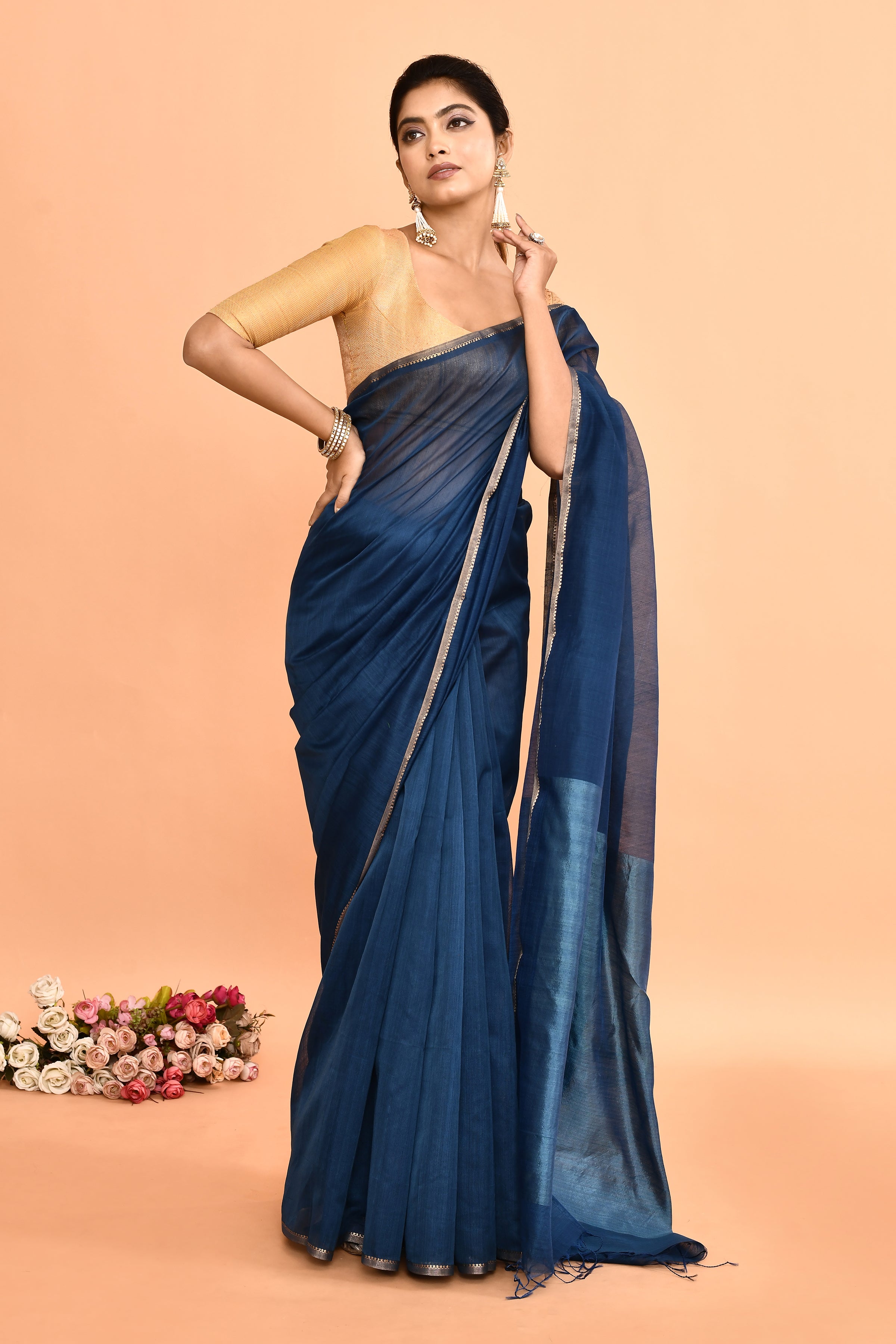 Maheshwari pure handloom plain solid color saree with resham pallu
