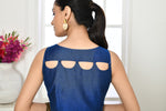 Royal blue pure raw silk sleeveless blouse with boat neck and pattern in the back
