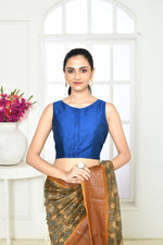 Royal blue pure raw silk sleeveless blouse with boat neck and pattern in the back